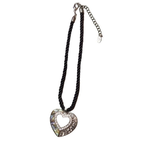 ABALONE And Silver Heart Pendant Medallion Cord Necklace - Picture 3 of 8